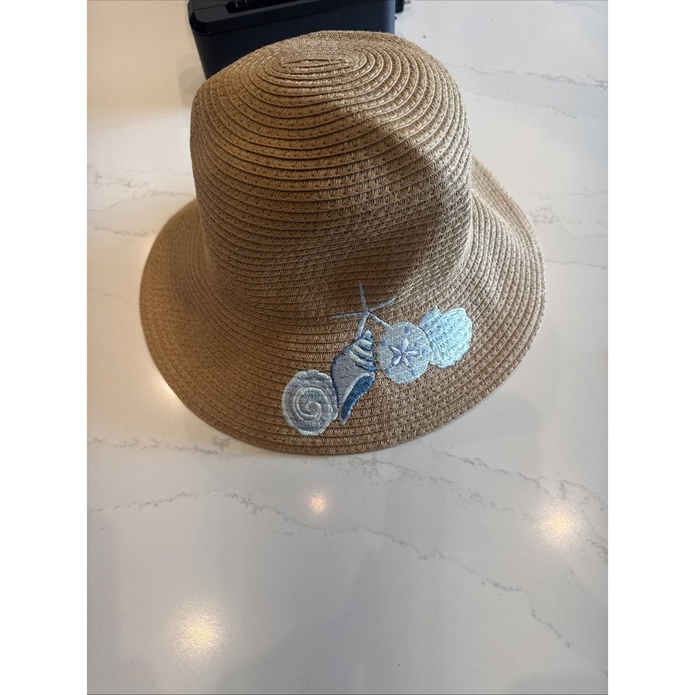 Steve Madden NWOT Women's Tan Sea Shell Embroidered Packable Straw Sun Hat